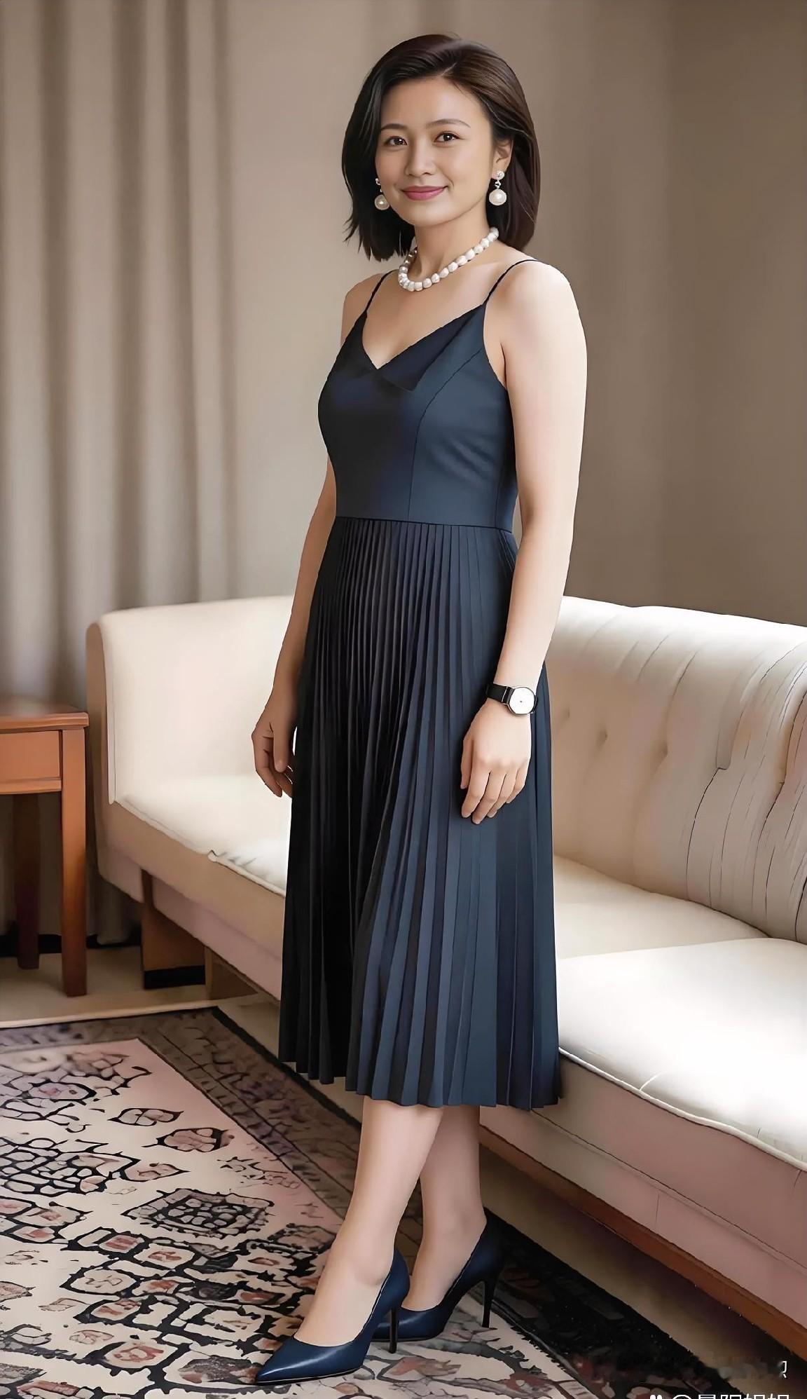 藏青吊带裙配珍珠项链，于雅致空间尽显成熟女性从容之美。