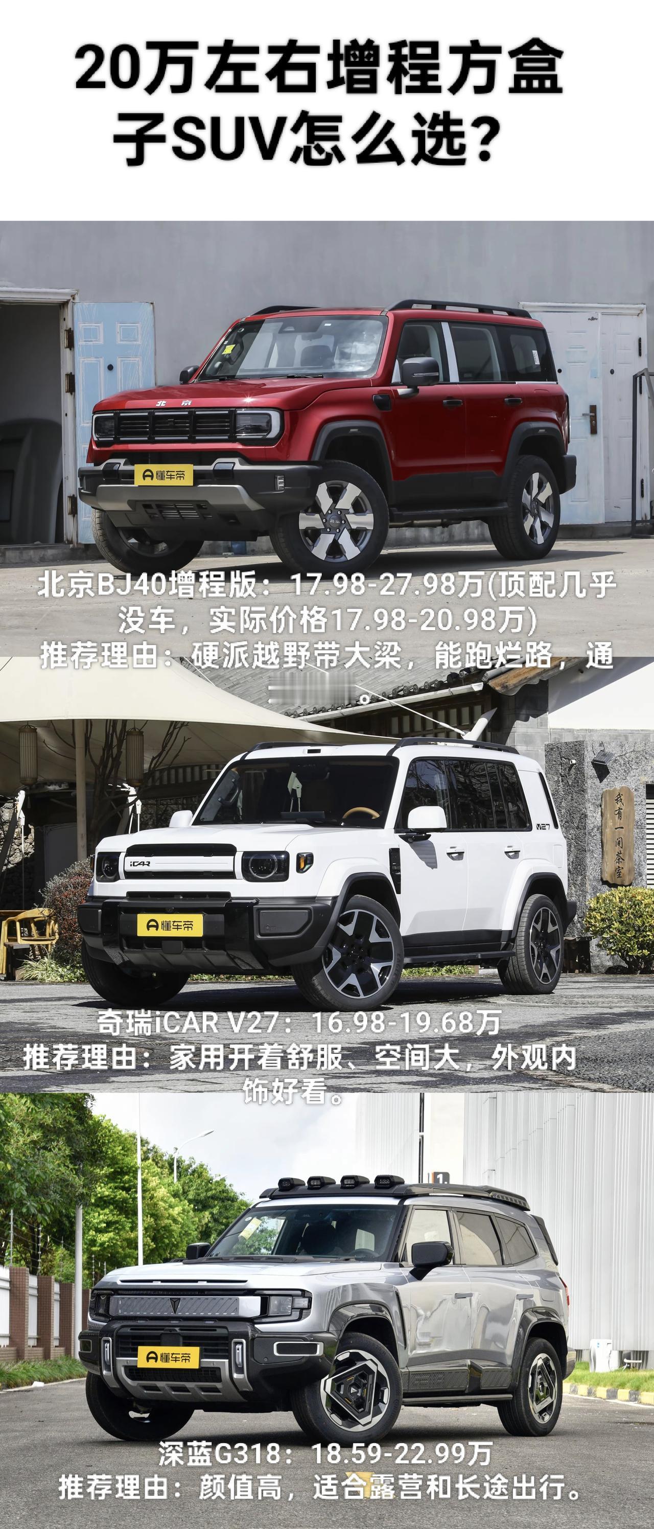 现在20万的热门方盒子增程SUV就是BJ40，V27和G318这三台车在竞争，能