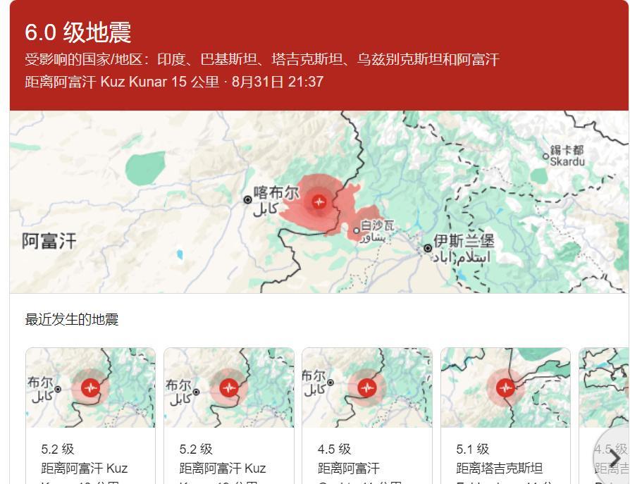当地时间昨天晚上至今天凌晨，阿富汗东部地区发生多次地震，最大震级为6.0级。地震