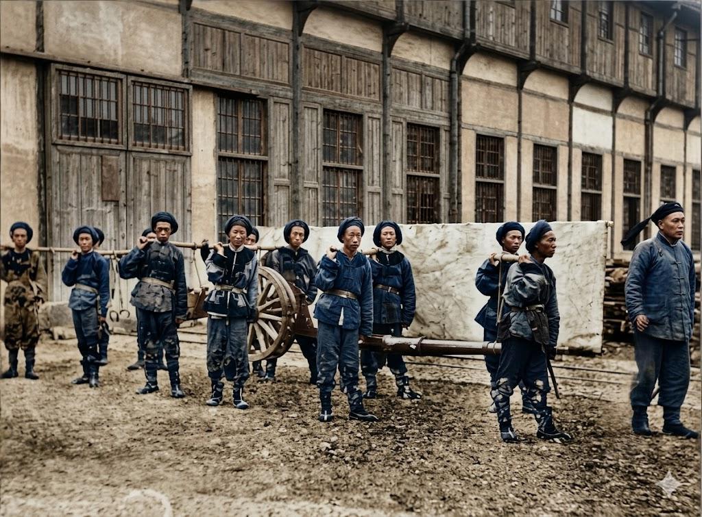 清末，上海，江南制造总局中，一群清军士兵正合力抬着一门火炮及炮轮，他们身着晚清改