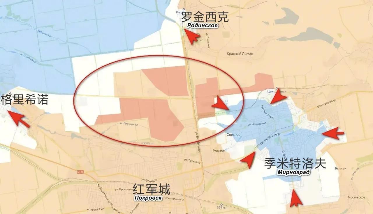 俄军在波克罗夫斯克（红军城）以北、罗金西克方向取得了重大进展，控制了大量之前的灰