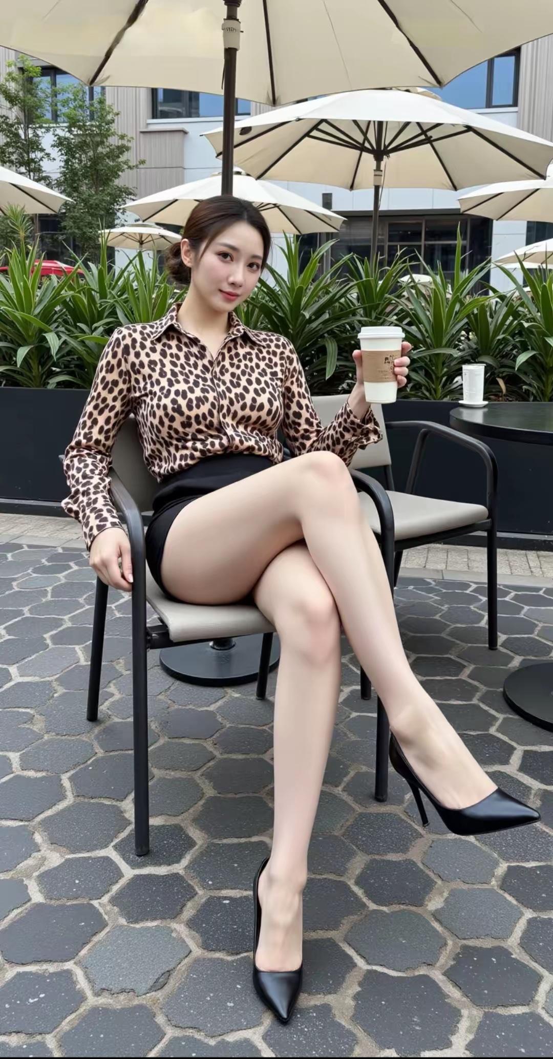 一位女士在咖啡馆享受悠闲时光。