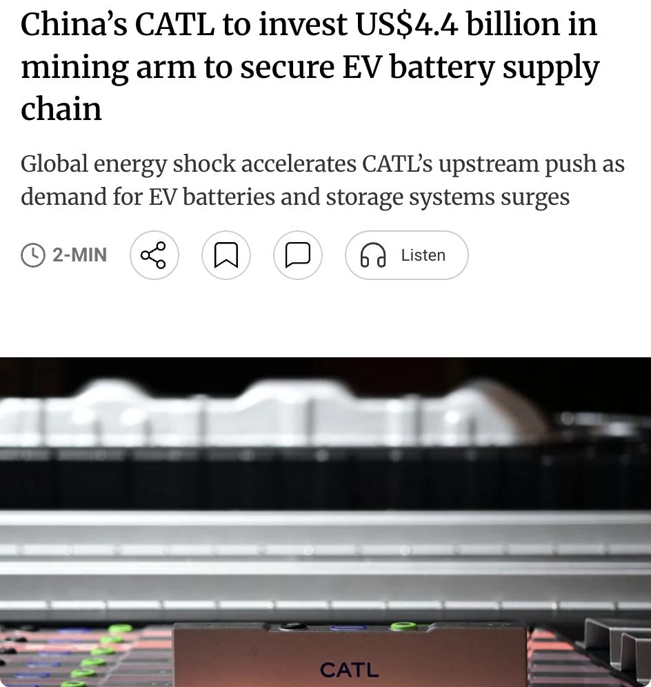 外媒：宁德时代计划投资300亿元人民币（44亿美元）设立矿业子公司，整合现有矿产