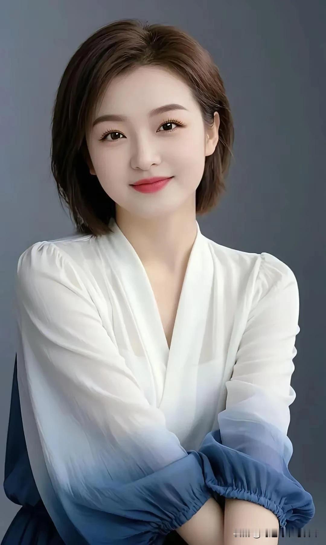 短发轻扬衬玉颜，明眸含笑胜春妍。白衫渐染蓝灰韵，素手轻交意自绵。粉面桃花