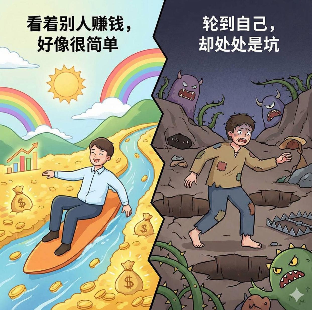 为什么看着别人赚钱，好像很简单，轮到自已，却处处是坑呢？？？？别人走通的路，不