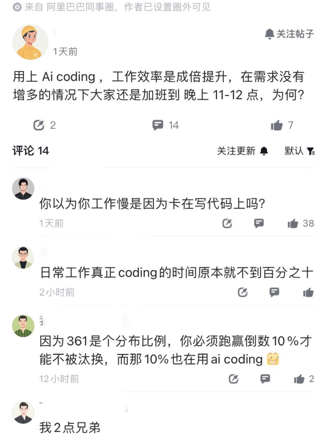 人都看傻了，阿里员工称用上aicoding，工作效率成倍提升，但还是会加班到晚