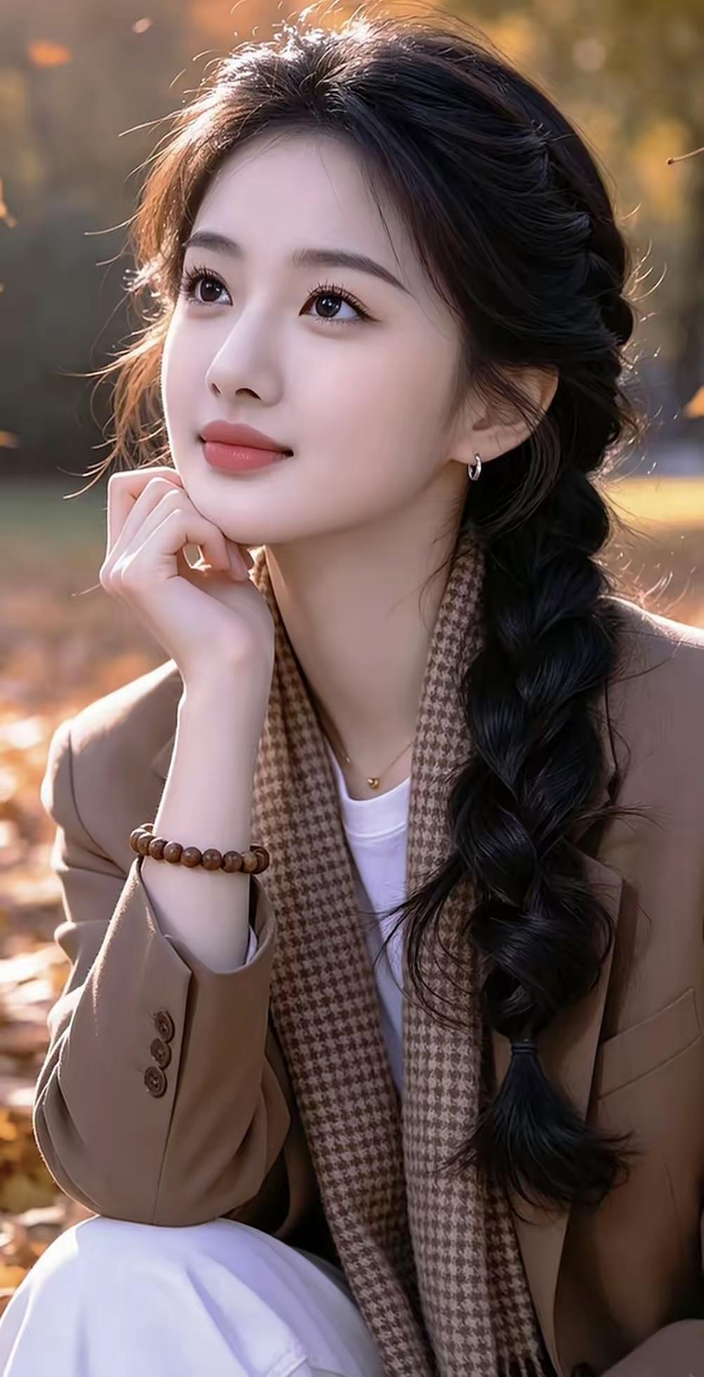 一个美女坐在秋天的公园里。