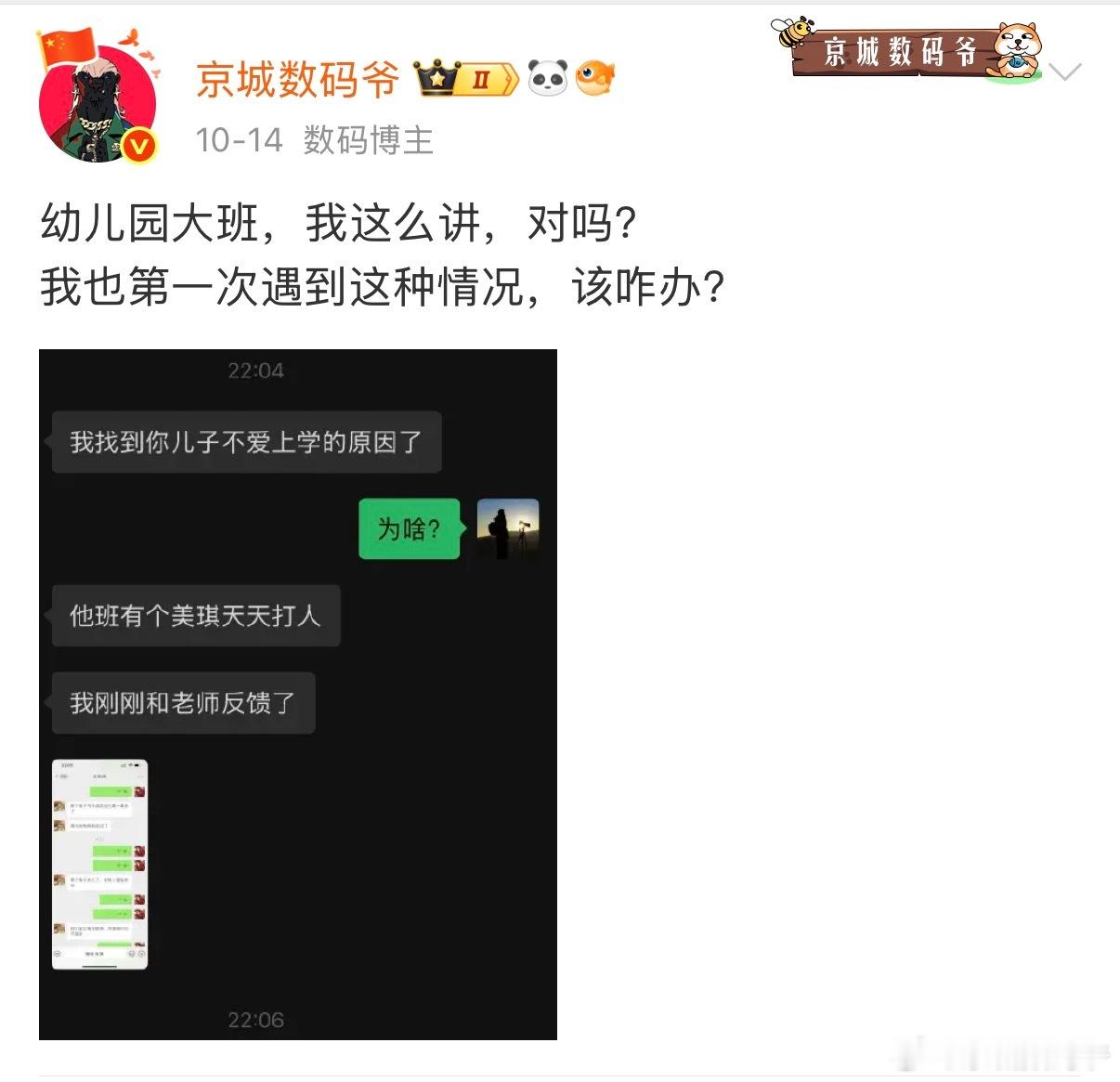 我儿子幼儿园的事情目前算是处理完毕了！～我儿子说那孩子打他，他还回去了，并且告诉