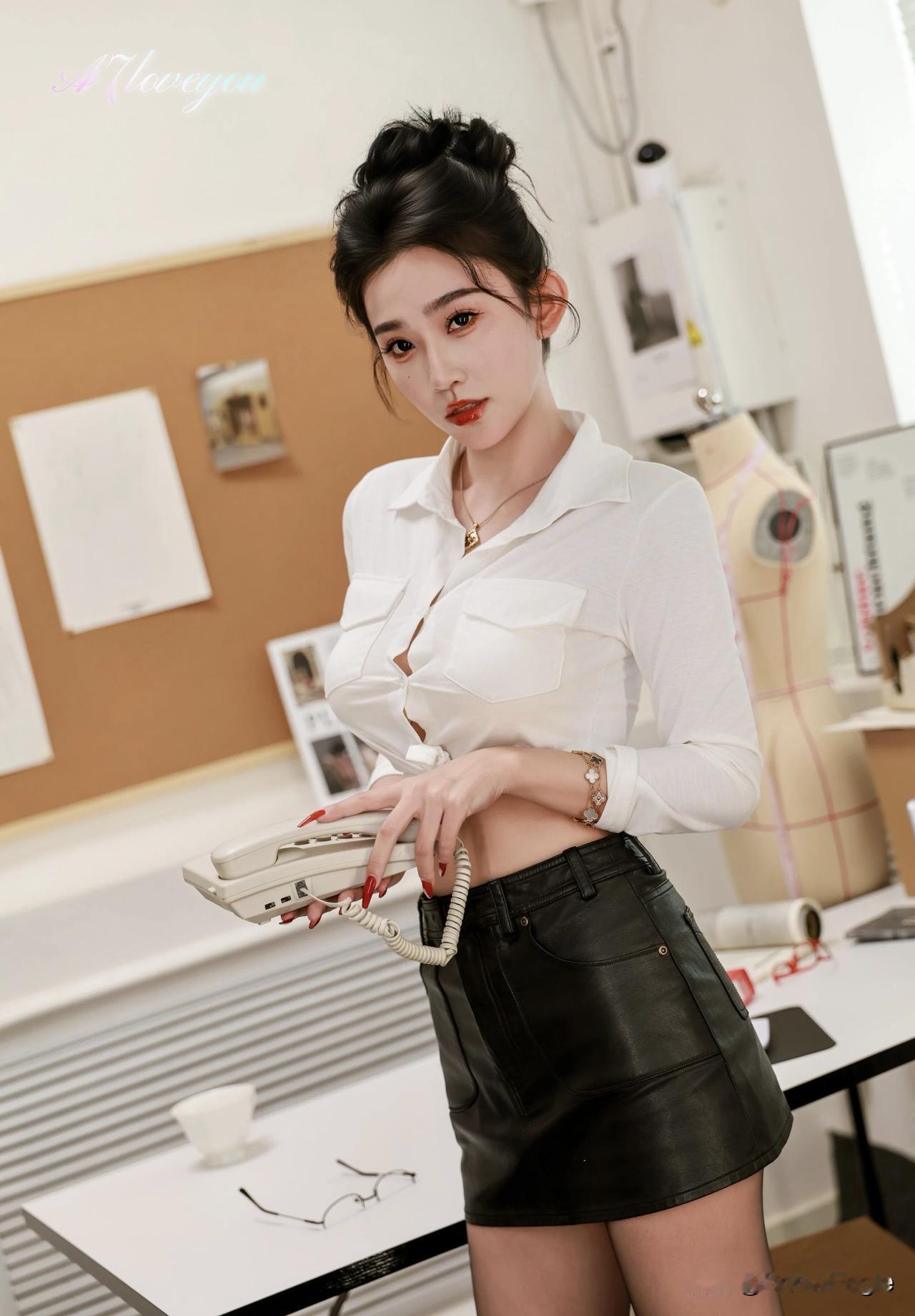 时尚白衬衫+黑色短裙，搭配高跟鞋，自信满满！💄👠