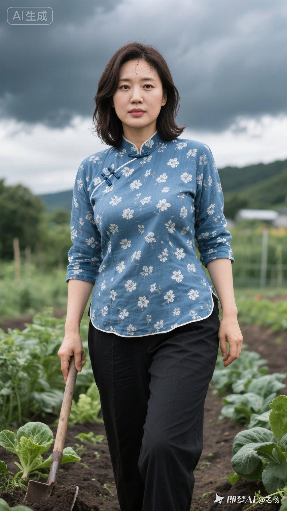 田园劳作，花布衫与锄头的和谐搭配，感受自然之美。
