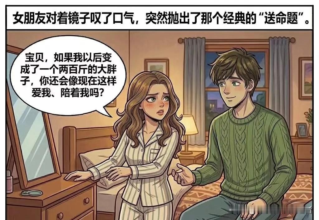趣味漫画：女朋友对着镜子叹了口气，突然抛出了那个经典的“送命题”：宝贝，如果我以
