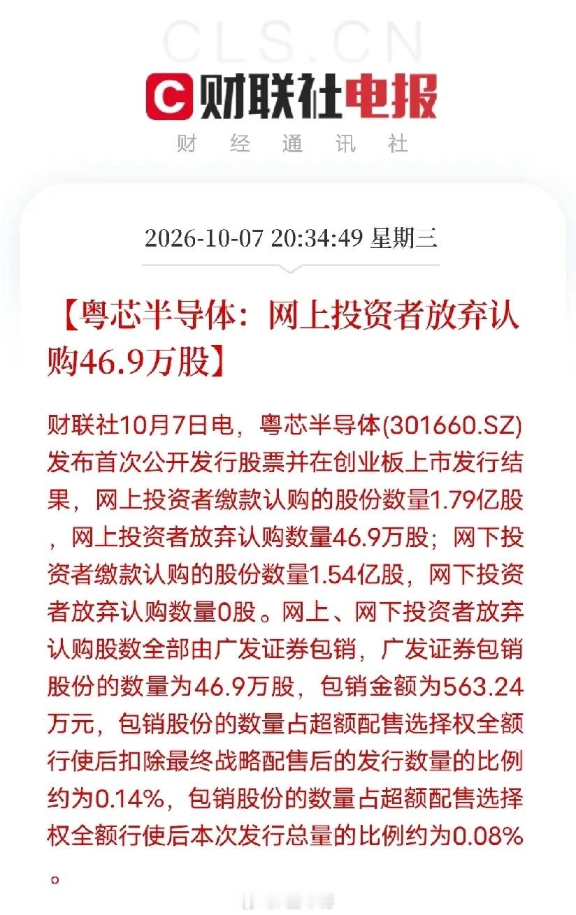 粤芯半导体披露IPO发行结果，网上投资者弃购股份46.9万股，该部分股份由主承销