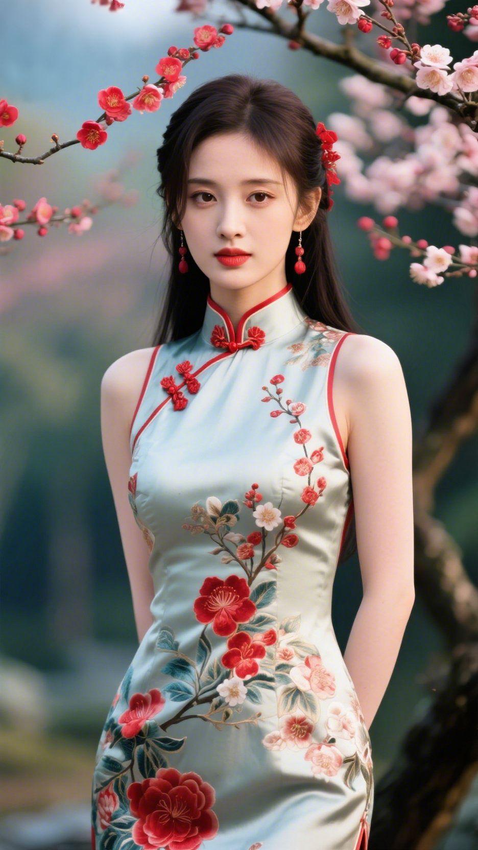 春枝旗袍映梅香风把春揉进枝桠，梅瓣轻落在她浅青旗袍的襟前。那缎面像被