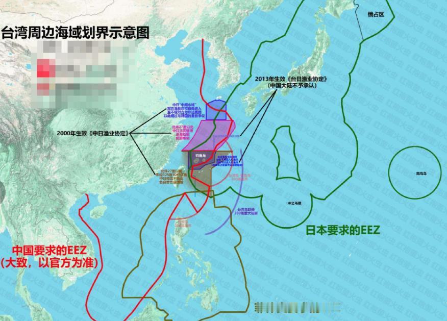 海域划分声索重叠区是比较复杂。绿线是代表日本划线，棕线是菲律宾划线，红线是我