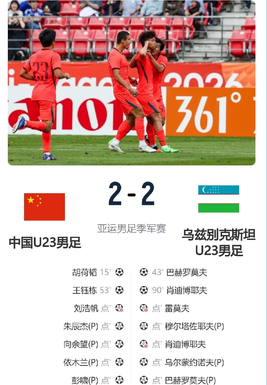 别高兴太早，对手乌斯别克斯坦派出的清一色U21球员踢亚运会。而我们亚运会U23男