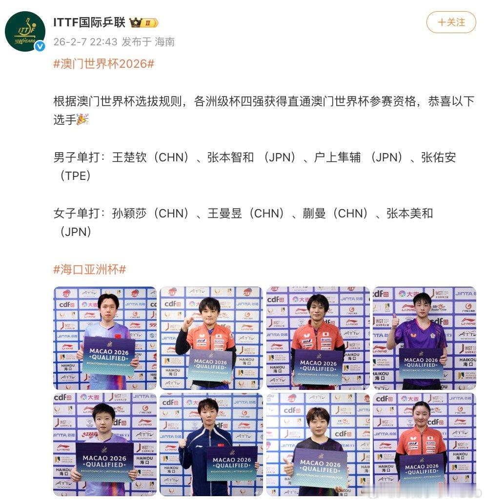 【澳门世界杯直通名单】2月7日，宣布2026澳门世界杯直通名单，“根据澳门世界杯