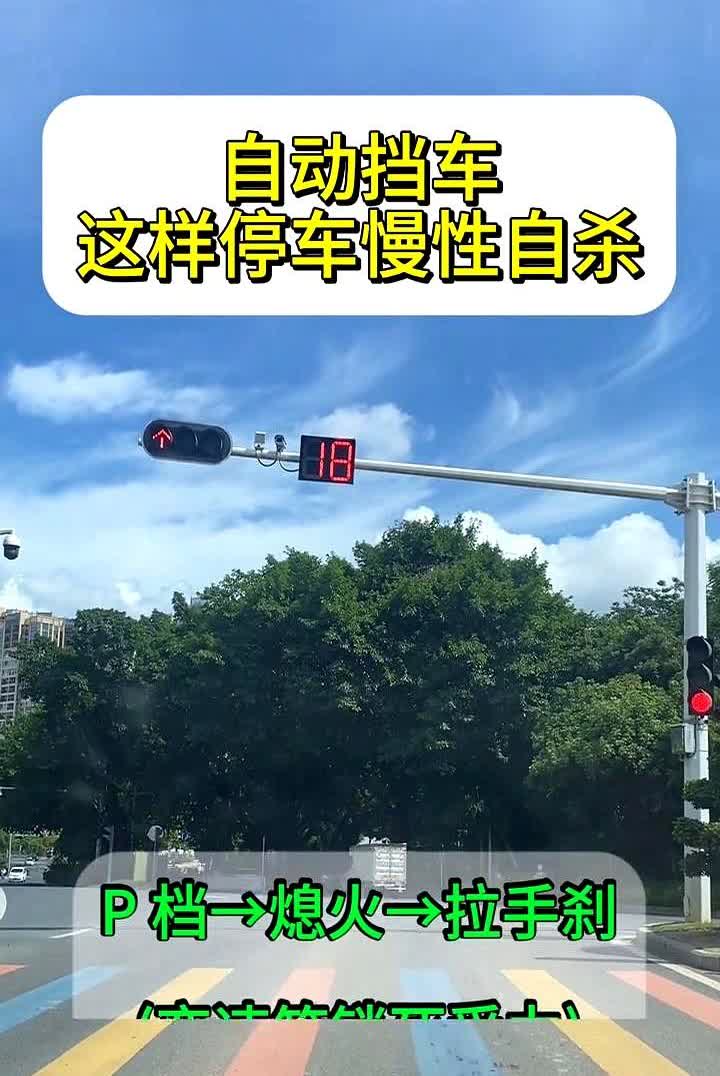 自动挡车这样停车慢性自杀。P档→熄火→拉手刹（变速箱锁死受力）。