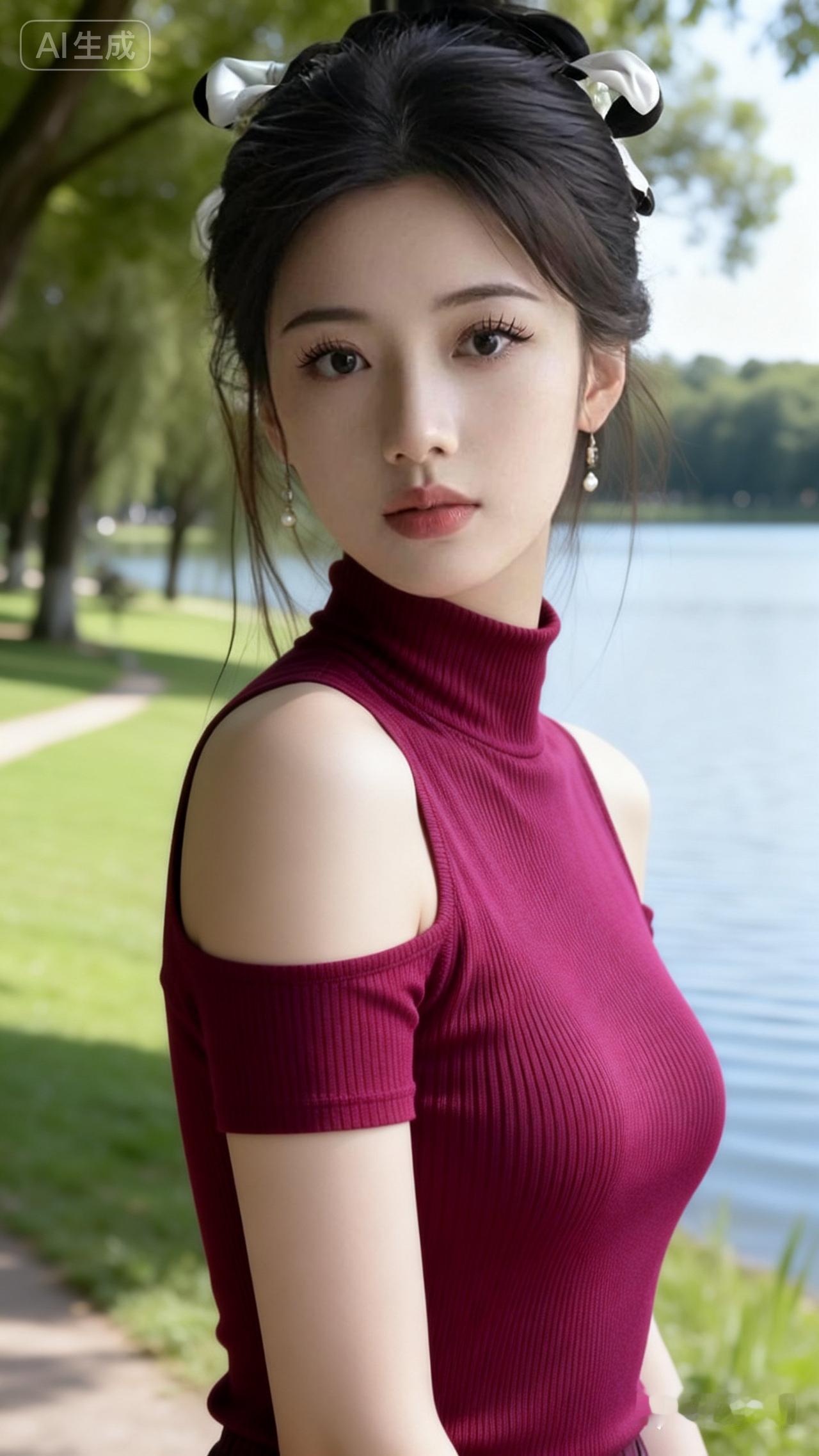 夏日湖畔少女，优雅红衣，清新自然。