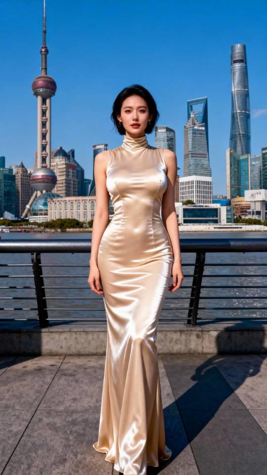 长裙美女上海外滩摆拍连衣裙美女壁纸高雅气质美女。