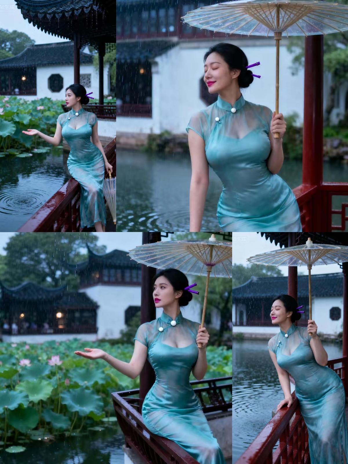 金字经·听雨园林亭台静，荷塘香韵盈。伞下旗袍倩影婷。聆，雨声风里萦。