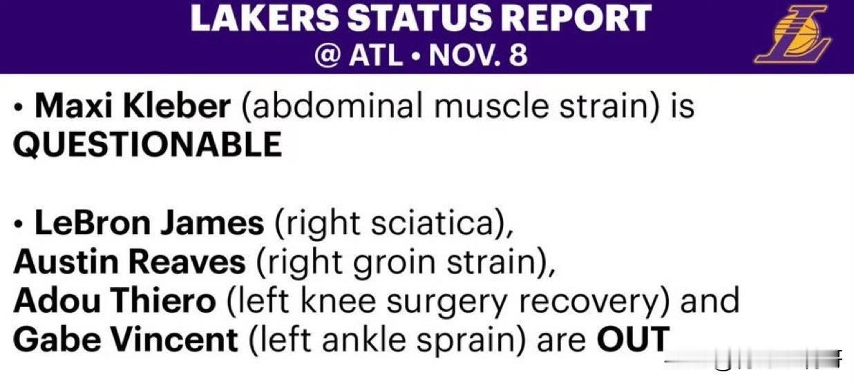里夫斯继续缺阵！！！湖人vs老鹰的伤病报告公布！北京时间9号周日，湖人将面对