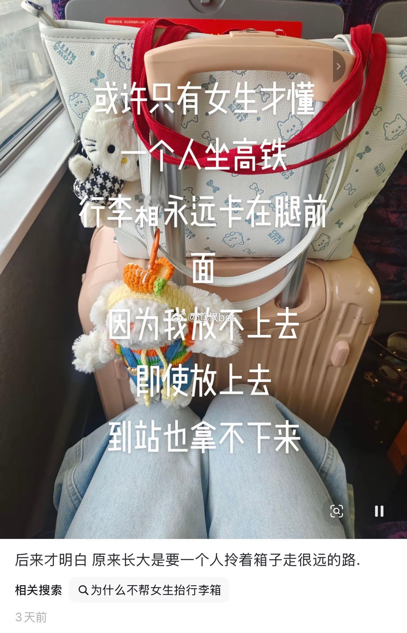 女生抱怨说坐高铁行李箱放不上去，然后下面的评论区全是各种发图分享自己的美好生活。
