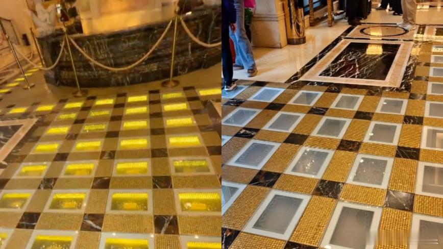 黄金价格飙升之际，澳门英皇娱乐酒店大堂镶嵌在地砖内总重78公斤的黄金砖在一夜之间