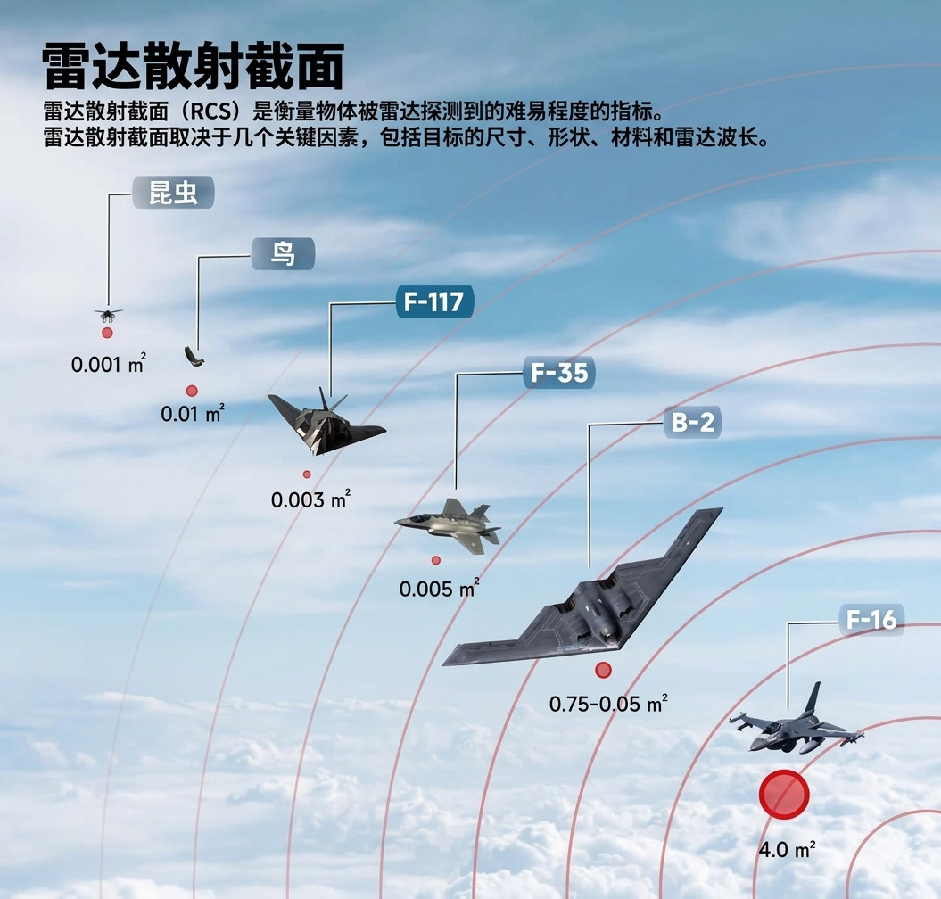 不同物体的隐身截面积大小对比