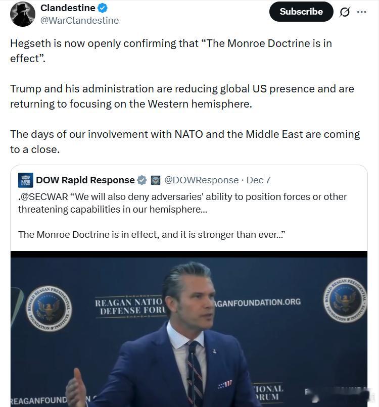 海格塞斯现在公开确认：“门罗主义已经重新生效。”特朗普及其政府正在减少美国在全球