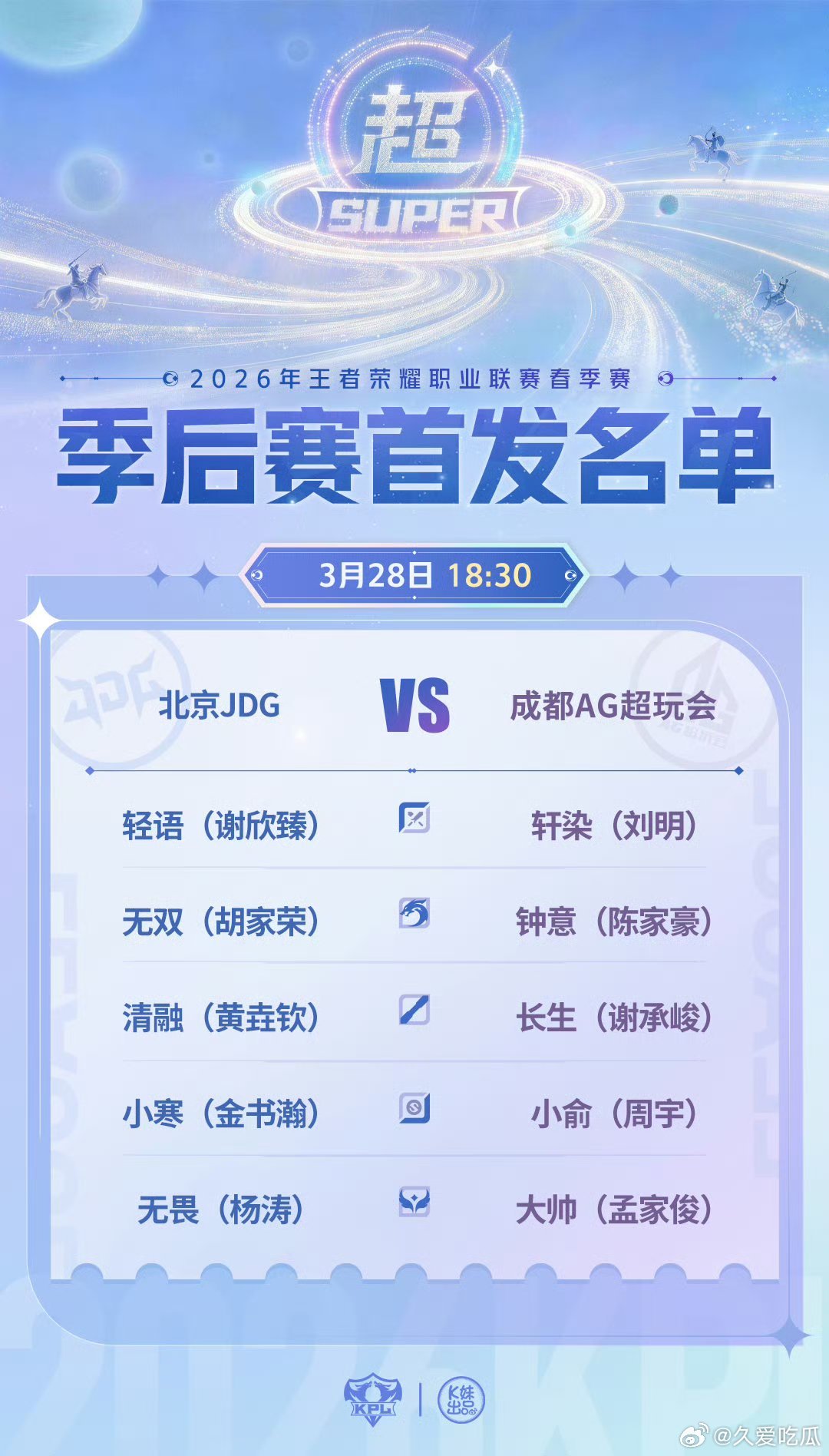 JDG对战AG｜首发名单解说席：李九北岛小胖评论席：一雪潇洒赵腾