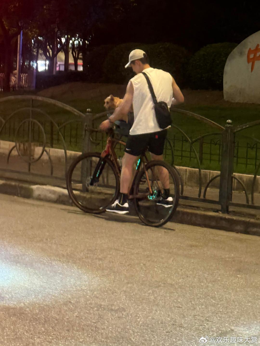 黄景瑜带狗狗骑车黄景瑜带小狗骑车黄景瑜带狗狗骑车，黄景瑜一双大长腿踩着脚踏板，那
