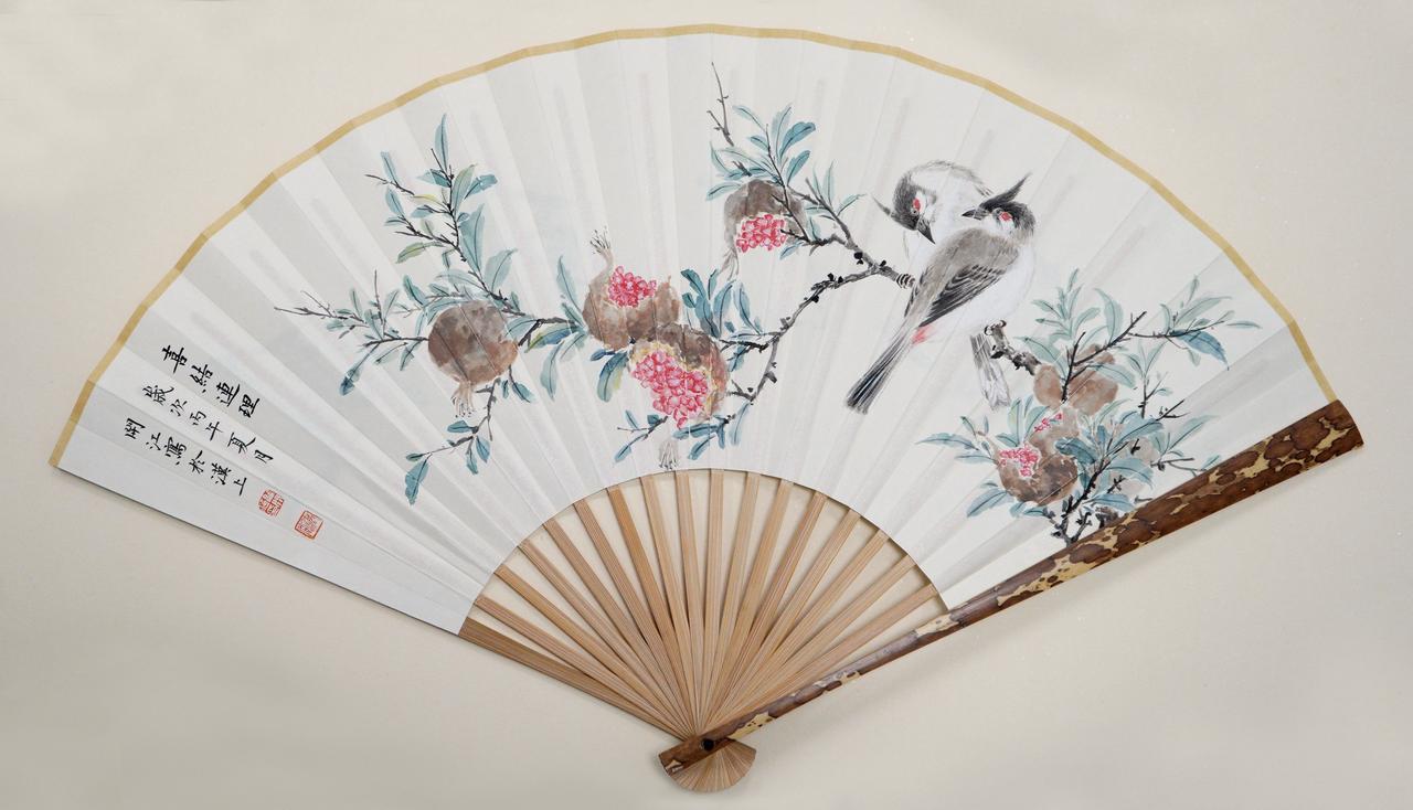 国画写意石榴，红耳鹎国画扇子传统国画花鸟国画小品花鸟