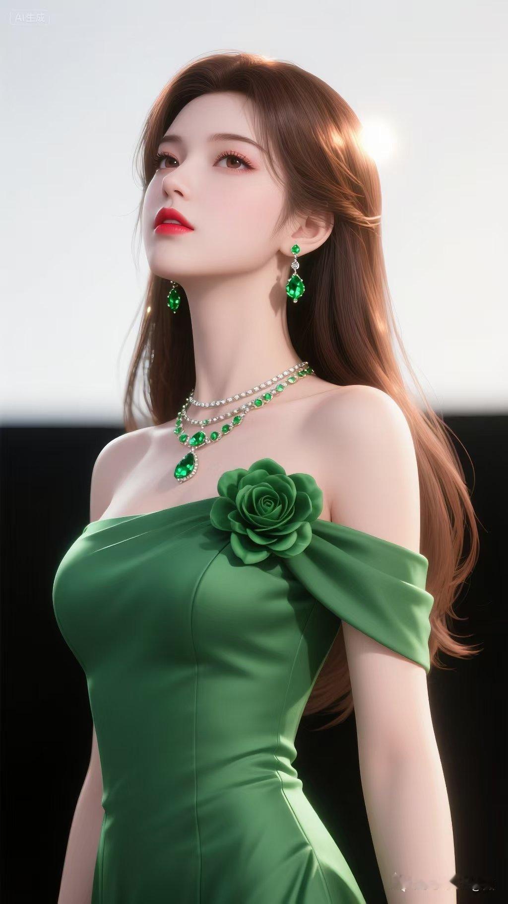 今晚的宴会真是太闪耀了，她穿着这身绿色的裙子，配上同色系的珠宝，成了会场最耀眼的