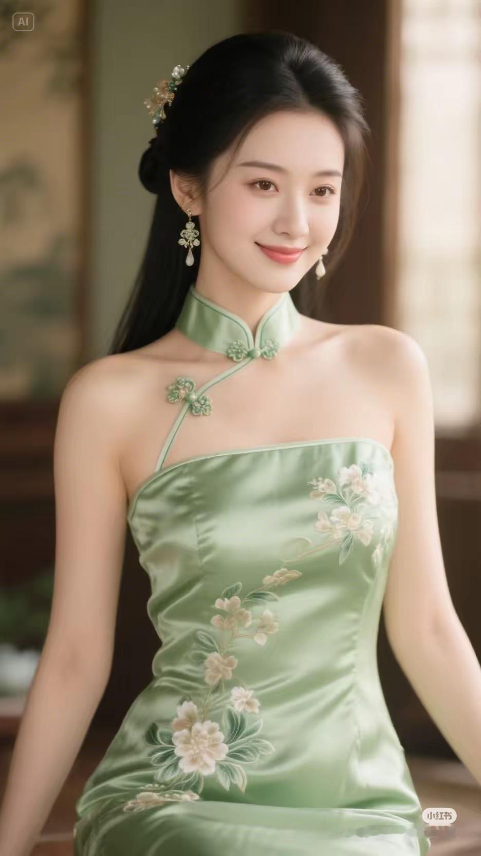 温婉古典，绿衣美人，花枝招展，韵味十足。