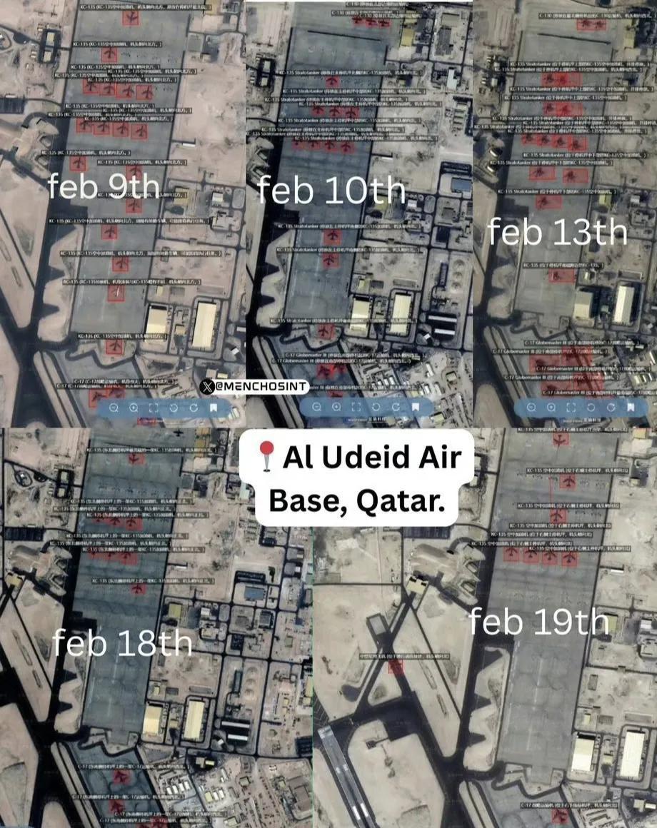 卡塔尔乌代德空军基地2月9日-19日的卫星照片，可以看出在这座空军基地的美军KC