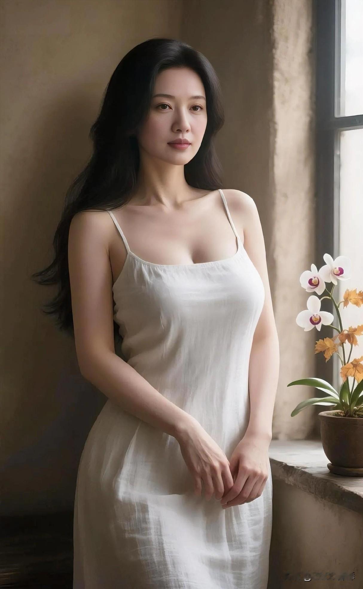 素裙如云，栖在窗畔的光阴里。黑发似瀑，垂落温柔的暗影。兰花开在陶盆，黄白