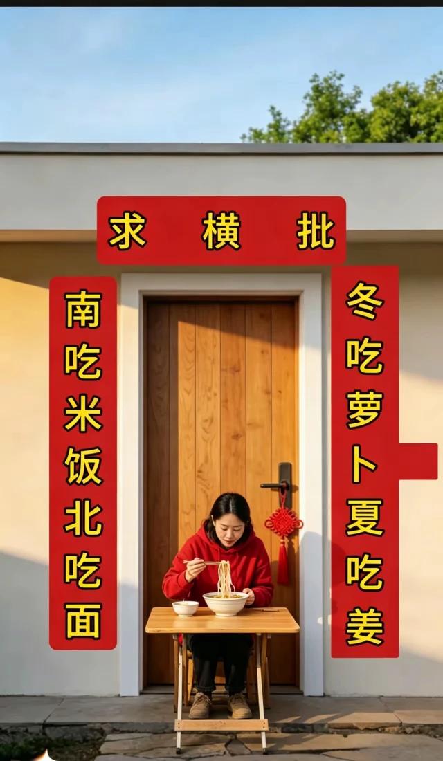 上联：南吃米饭北吃面下联：冬吃萝卜夏吃姜横批：各有所爱。这个横批挺贴切的，