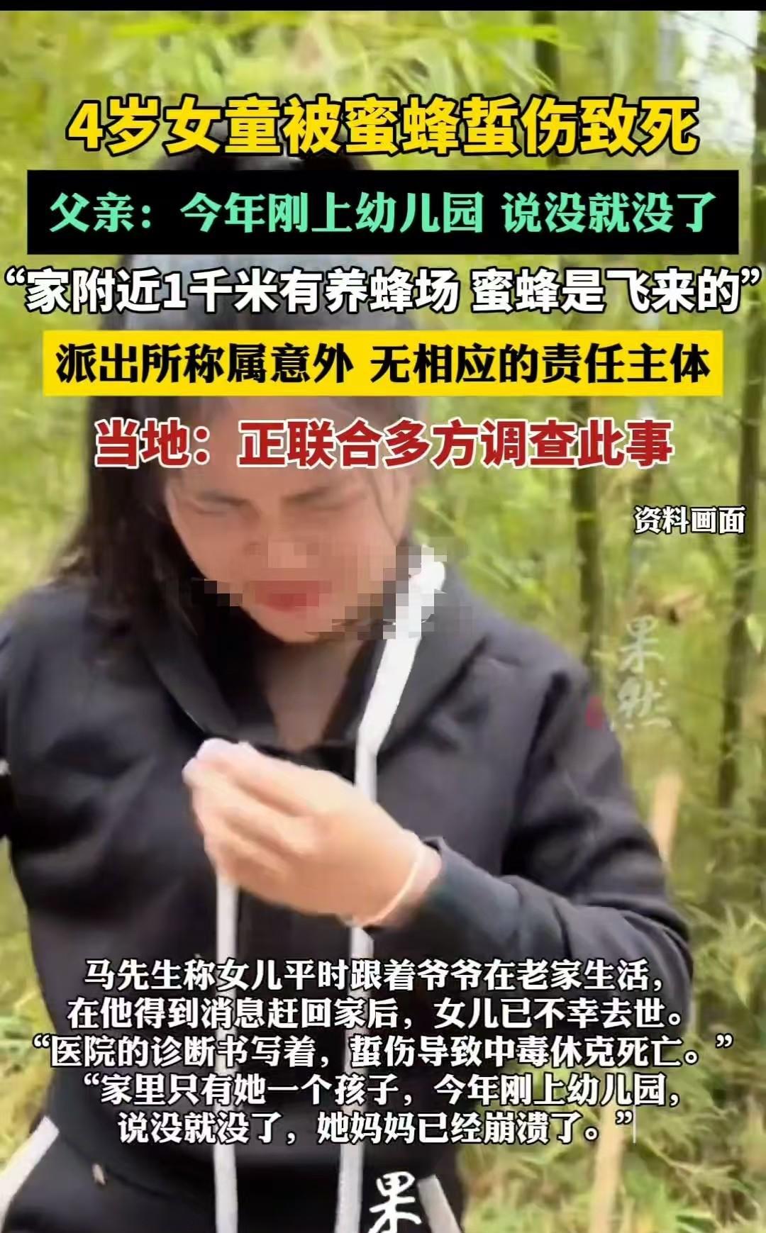 陕西，四岁女童被蜜蜂蜇伤后不幸去世。附近虽有一个养蜂场，但民警找不到责任主体，无