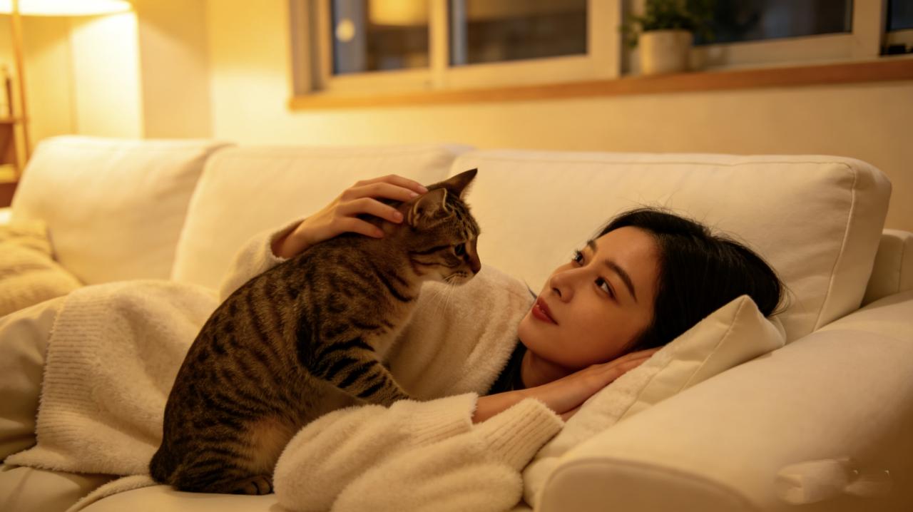 小美单身三年，养了只猫叫“老公”。每天回家，她瘫在沙发上喊：“老公，好累。”猫