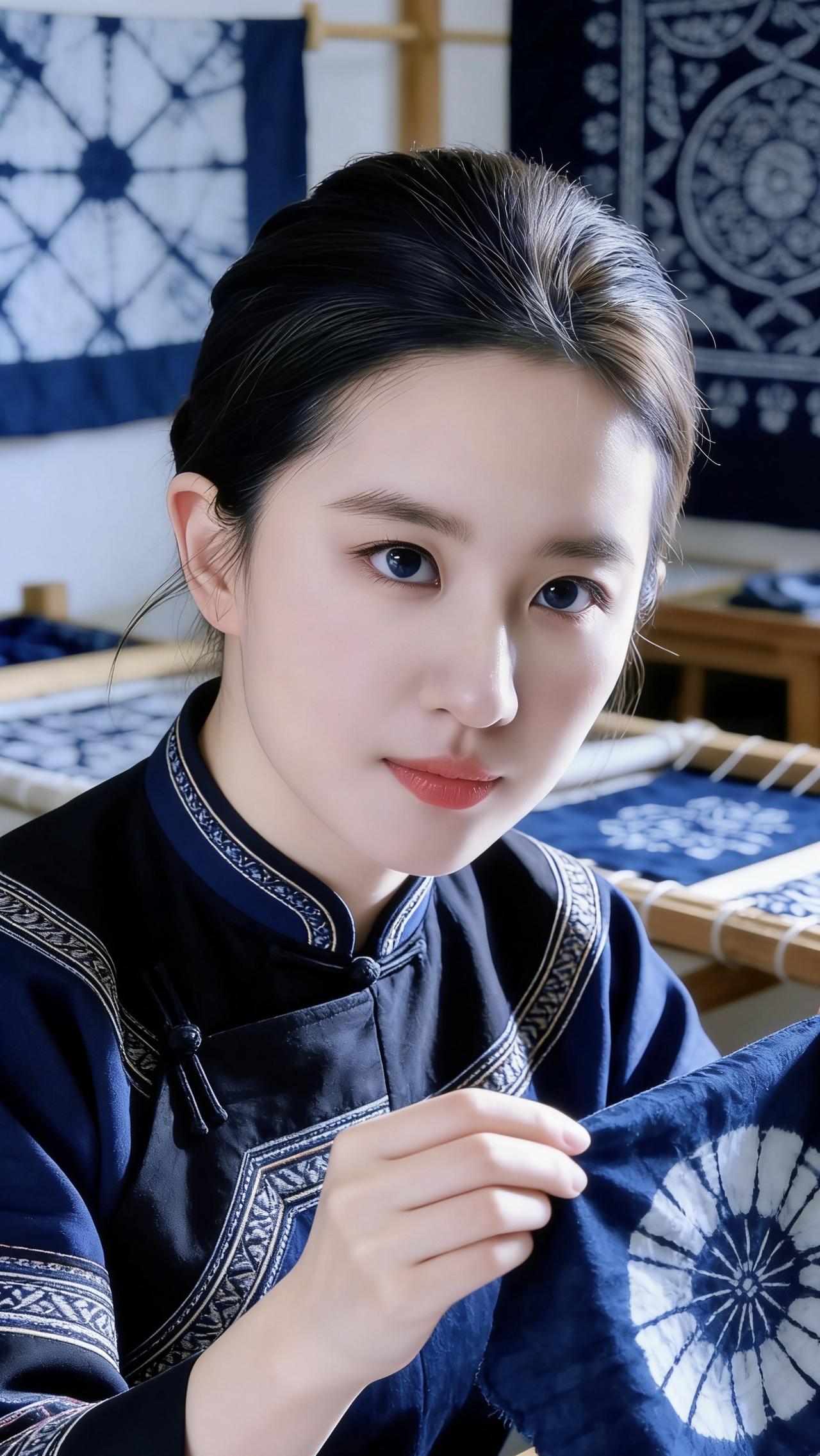 我坐在染坊的木桌前，指尖抚过刚捞出的蓝染布，靛蓝的花纹在阳光下泛着温润的光。身上