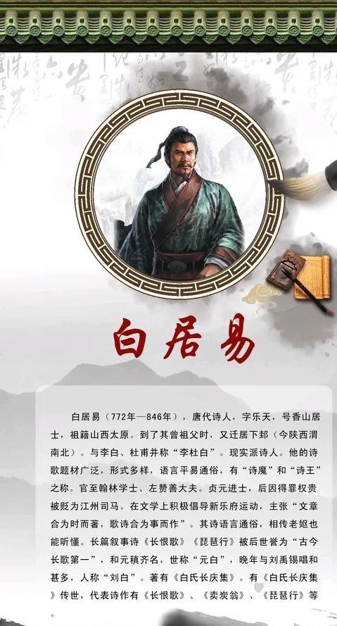 白居易（772年－846年），字乐天，号香山居士，是唐代伟大的诗人、文学家，他的