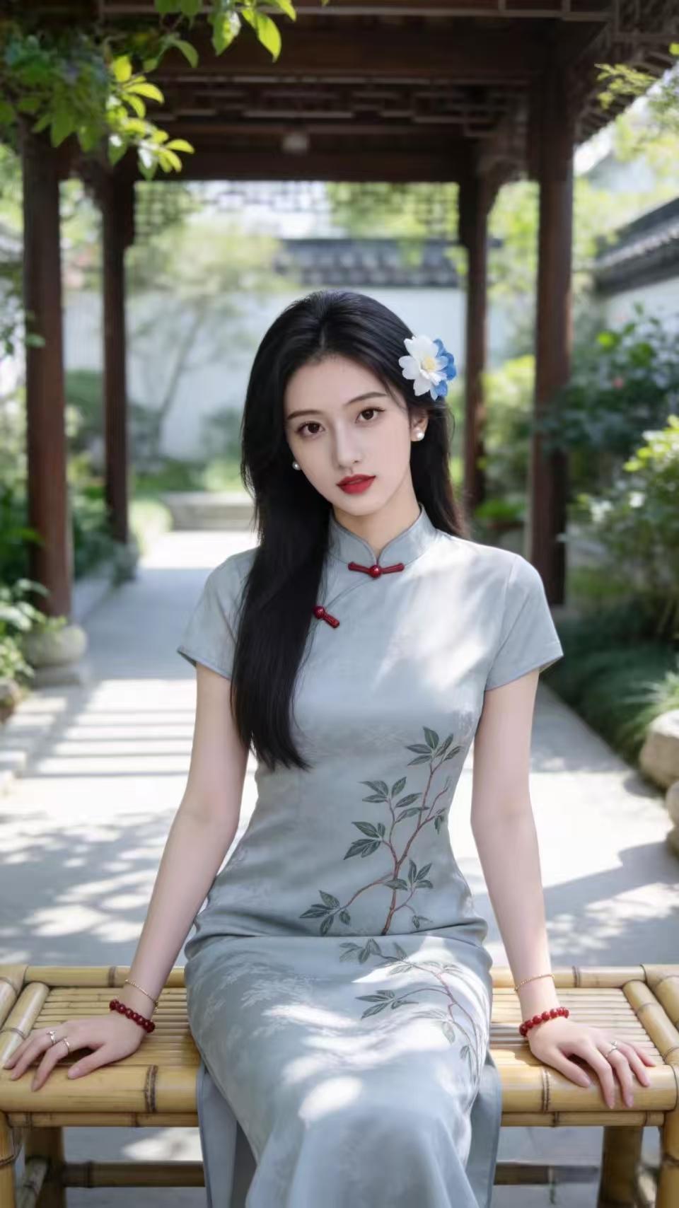 塞鸿天·春驻雕花影漫回廊句，木纹深沁流光絮。绿痕暗度春衫缕，金鳞跃上旗袍