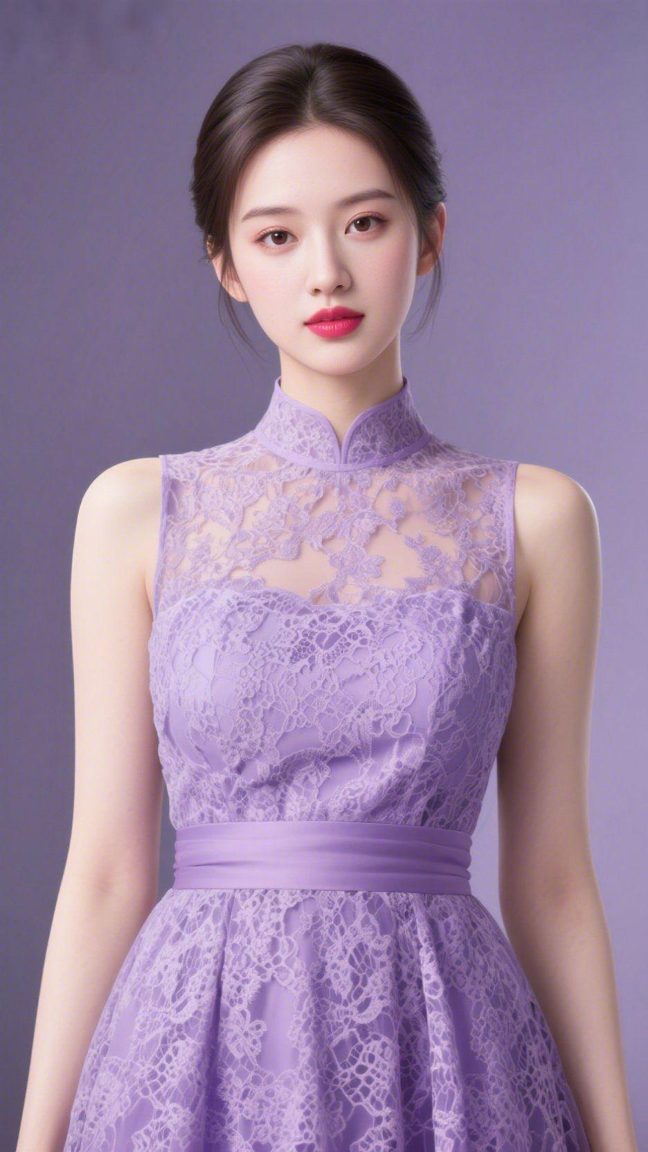 紫裙栖梦，柔意轻笼浅紫蕾丝裹着纱，恰似春夜薄雾织进了裙裾。立领是中式的温婉