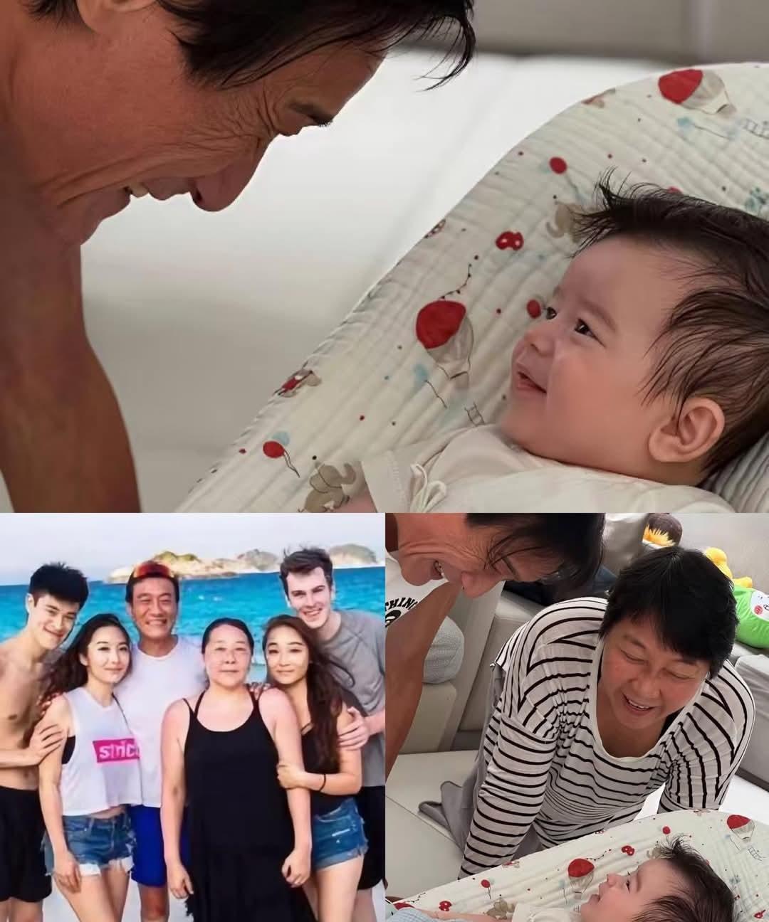 中国香港艺人梁家辉夫妇探望混血外孙，祖孙对视而笑好温馨，外国女婿帅气顾家#梁家
