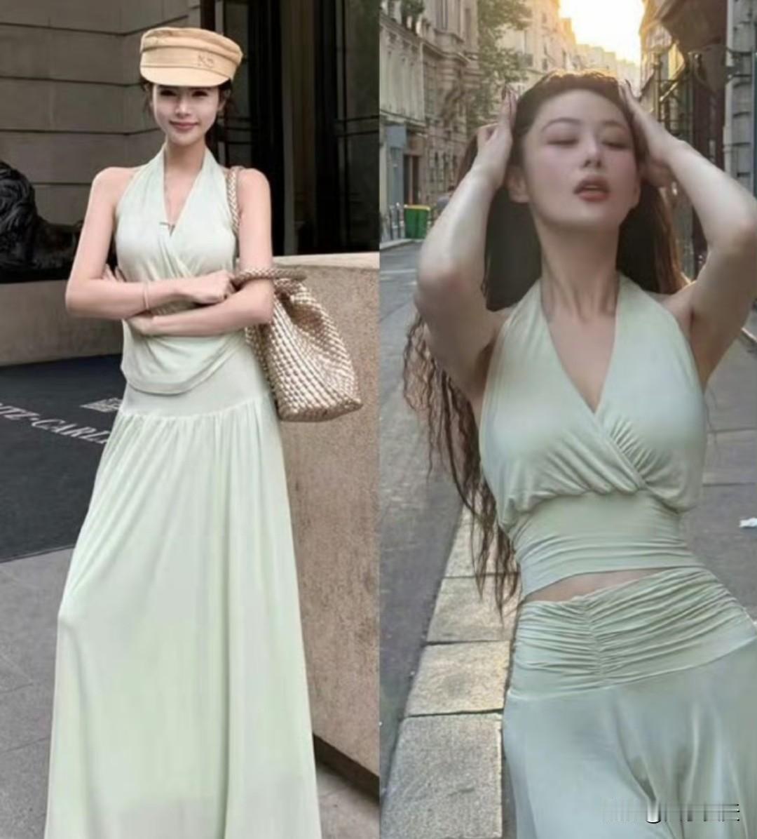 外国街边，模特穿的都没有张馨予穿的美薄荷绿露背长裙两件套，果然还是有肉感穿的更