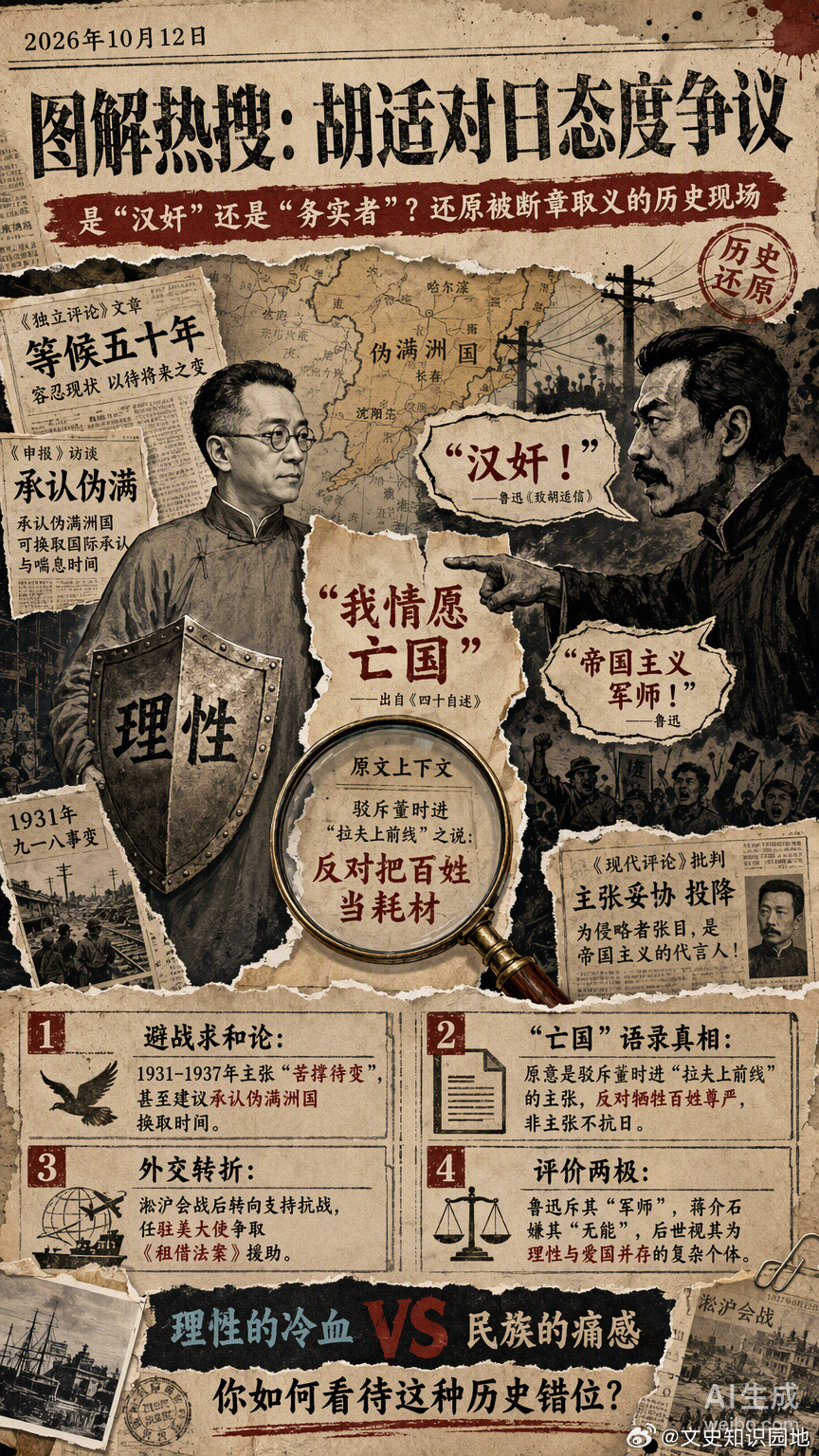 胡适那几句被骂了近百年的话，现在看依然让人后背发凉。“我情愿亡国，决不主张对日作
