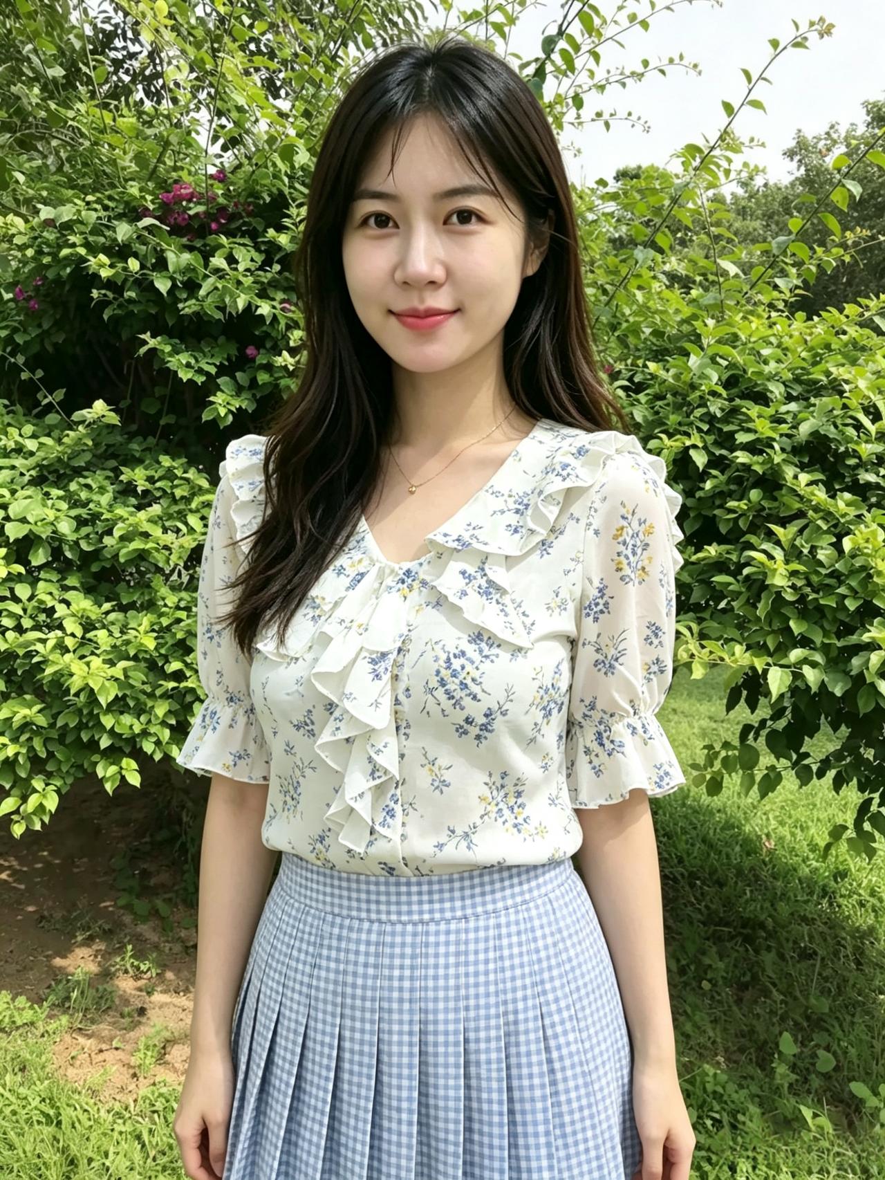 绿树成荫映明眸，软语温颜意自柔。一袭碎花轻似梦，满身风露满庭幽。