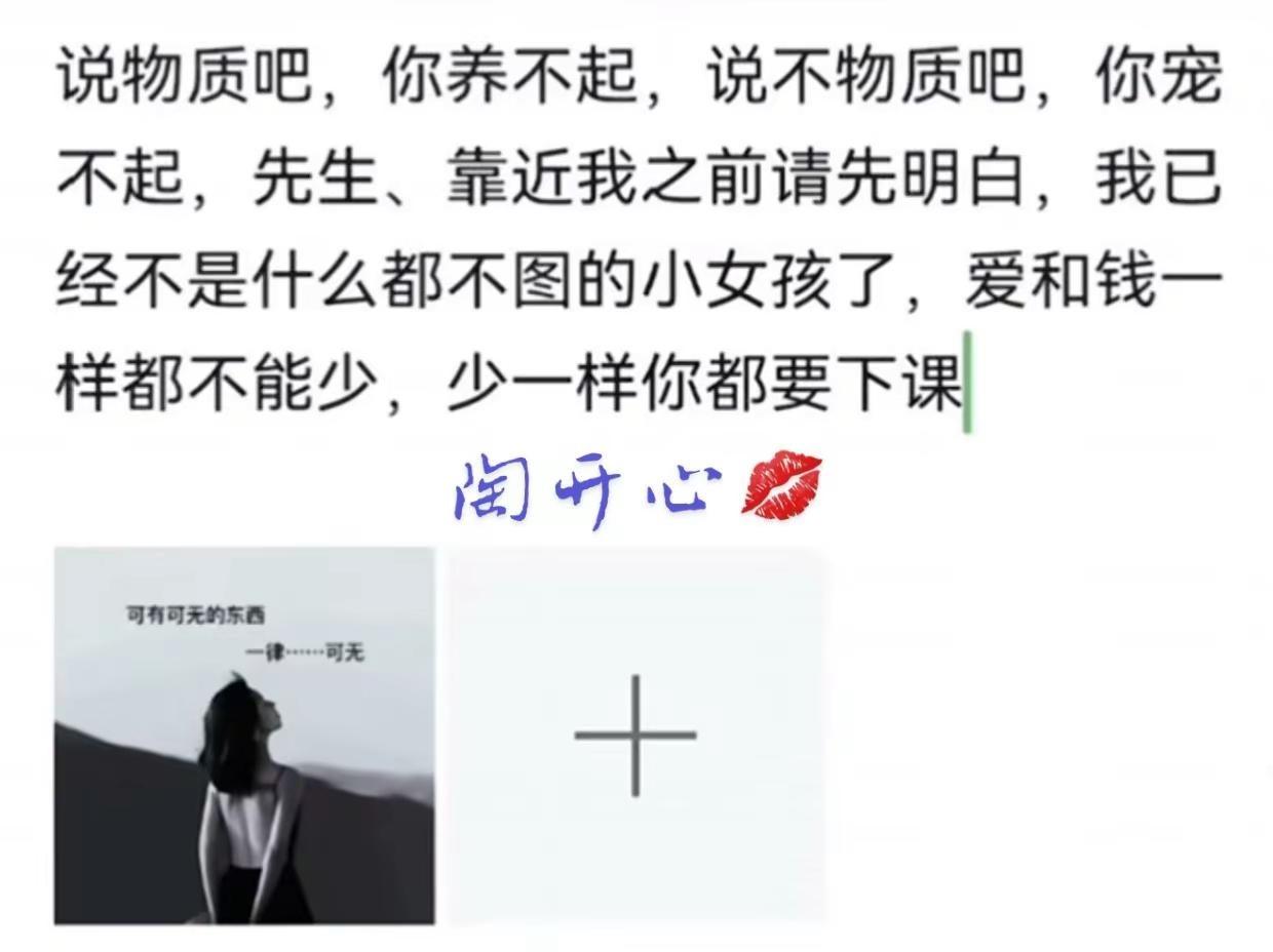 说物质吧，你养不起，说不物质吧，你宠不起，先生，靠近我之前请先明白，