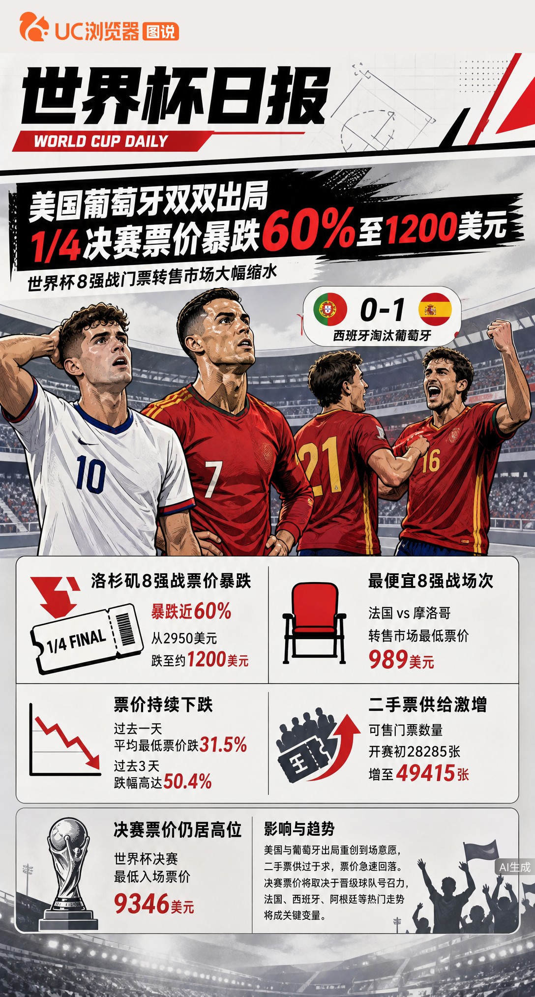 美国葡萄牙双双出局，1/4决赛票价暴跌60%至1200美元