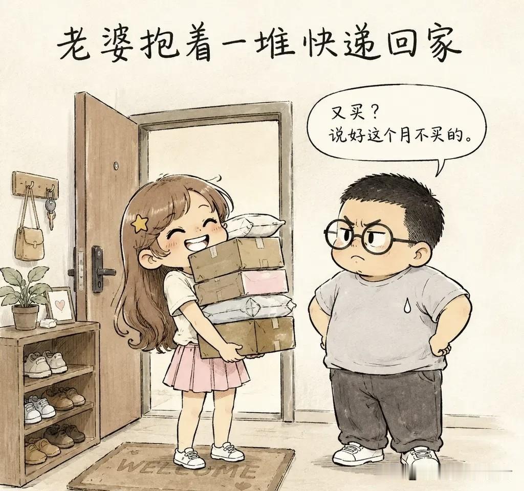 趣味漫画分享：老婆抱着一堆快递回家。老公皱眉：「又买？说好这个月不买的。」老婆理
